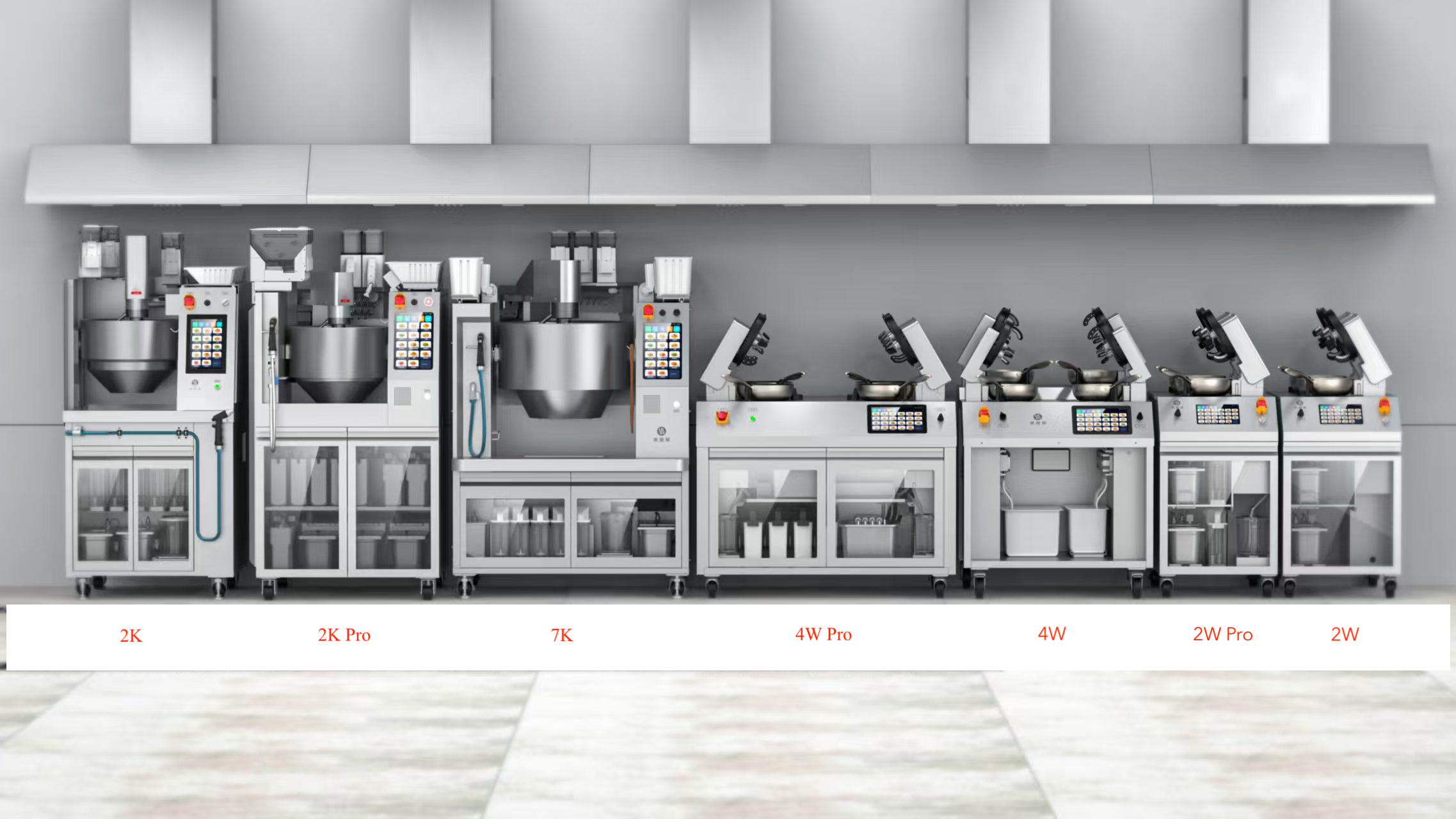 HomeRR cooking robot product range: 2K, 2K Pro, 7K, 4W Pro, 4W, 2W Pro and 2W